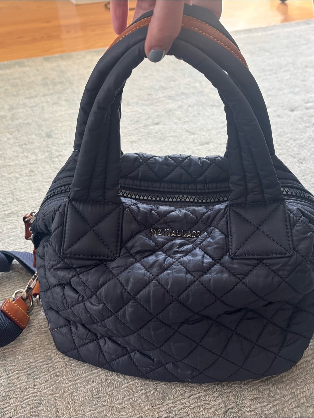 MZ Wallace Black Quilted Small Sutton Satchel with Tan Trim